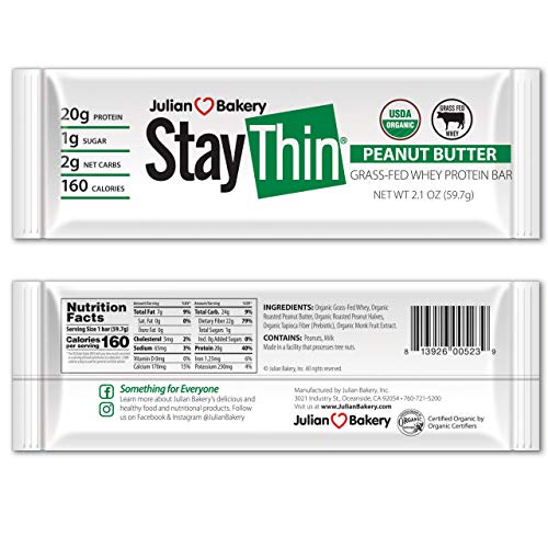 Stay Thin® Protein Bar (Certified Organic) (160 Cal) (20g Grass-Fed Whey Protein) (2 Net Carbs)(4 Ingredients)(1g Sugar)(12 Gluten-Free Bars)