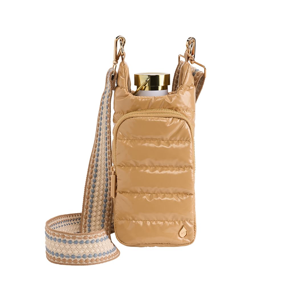 WanderFull® Original HydroBag®, Fits Up to 32 oz Water Bottle Holder with Strap, Hands-Free Crossbody, Water Bottle Carrier Bag with Phone Pocket - Camel Glossy w/Patterned Strap Image
