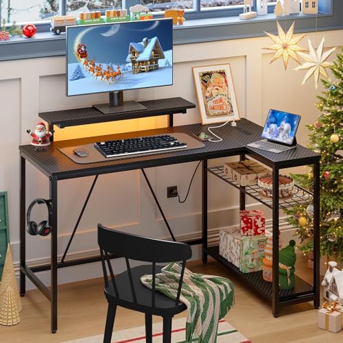 FURRIFIC Escritorio para Computadora en Forma de L, Escritorio Minimalista con Soporte para Monitor, Escritorio Gamer Estructura de Acero,Toma de Corriente, Perchero para Auriculares,106 x 91 x 80cm