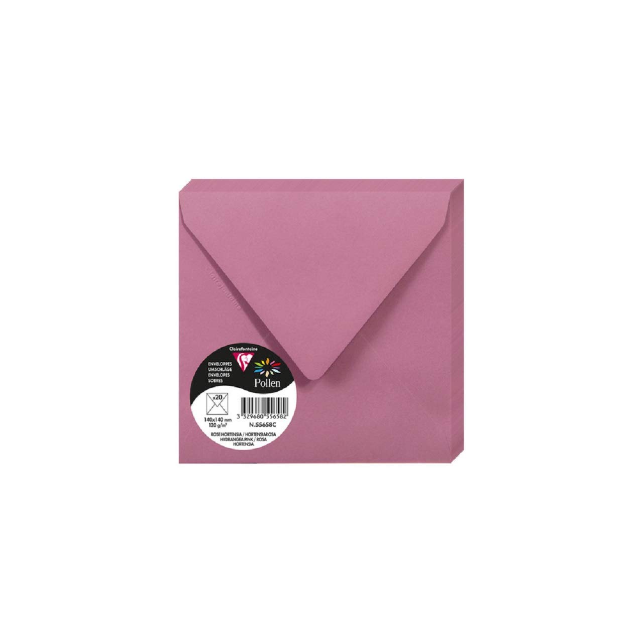 Clairefontaine 55658C Pack of 20 Gummed Envelopes Square 14x14cm 120g/m² Colour Hydrangea Pink Invitation Events Correspondence Range Pollen Premium Paper