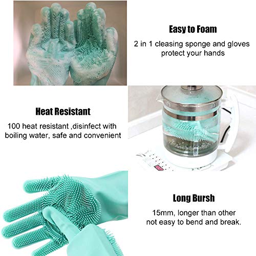 Silicone Scrubbing Dishwashing Magic Gloves- Non-Slip Kitchen Cleaning Silicon Reusable Sponge Gloves with Rubber Scrubber,Work Great for Washing Dish,Car,Bathing Pet(Upgrade Version)