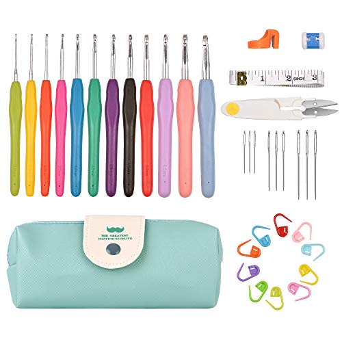 Kalawen 36PCS Crochet Hooks Set, 12 Ergonomic Crochets Aluminum Soft Handles 9 Knitting Needles 10 Stitch Markers with Measure Tape Row Counter Thread Cutting Ring Scissor Portable Case