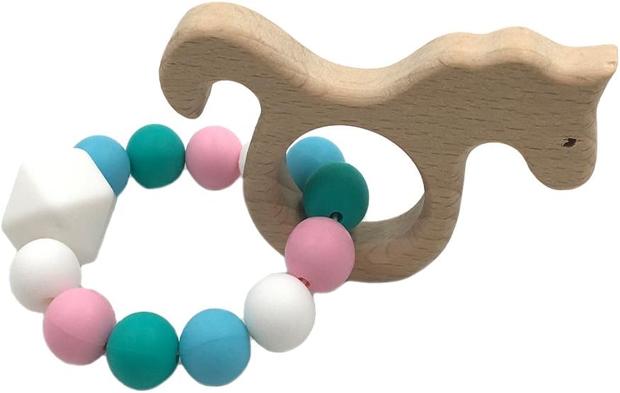INCHANT Baby Wooden Teether Chew Beads Teether Baby Rattle Teether Raw Beads Toy Ecofriendly Baby Bangle Teether Toys (Seahorse)