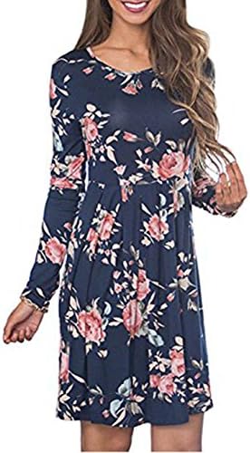 Ninkisann Women's Casual Floral Print Long Sleeve Midi T-shirt Dress