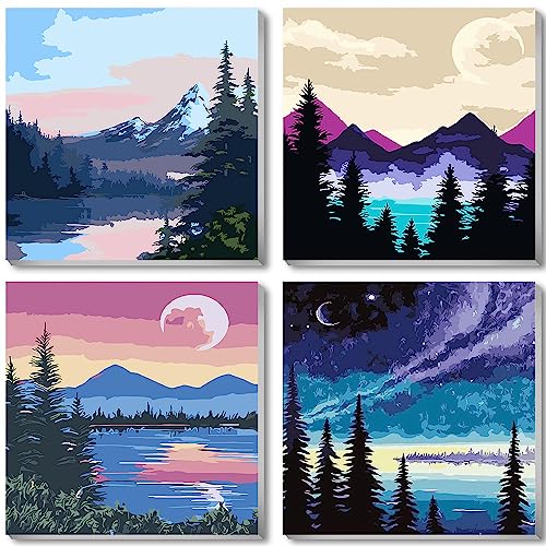 Photo 1 of Paint by Numbers Kits, Paint by Number for Adults Canvas with Frame, Easy DIY Acrylic Paint by Numbers, 4 Pack Moon Mountain Lake Landscape Oil Painting for Kids & Adults Beginners (8x8 Inch)