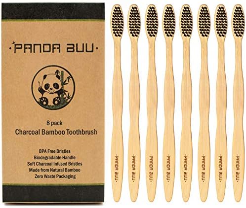 Natural Bamboo Toothbrush with Soft-Medium BPA Free Charcoal Infused Bristles | 8 Pack | Eco-Friendly Toothbrush and Biodegradable Handle