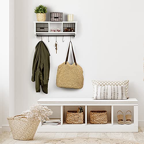 Wood Wall Mounted Shelf with Hooks and Storage Baskets White Floating