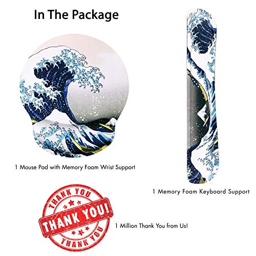 Hokusai The Great Wave Ergonomic Design Mouse Pad with Wrist Rest Hand Support and Keyboard Support. Round Large Mousing Area. Mouse Pad and Keyboard Pad for Laptop, PC Computer & Mac.