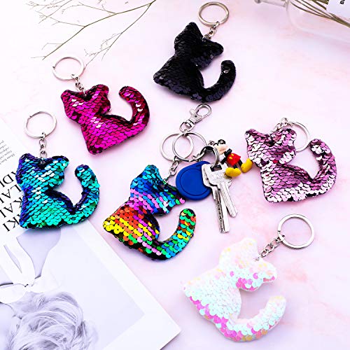 Blulu 24 Pieces Flip Sequin Keychain Cat Shape Key Ring Hanging