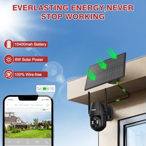 Tzziel 4G LTE Solar Outdoor Surveillance Camera Without WiFi with SIM Card, 2K PTZ Wireless, 10400mAh, 6W Solar Panel, 360° Viewing, Motion Detection, Two-Way Audio, IP66