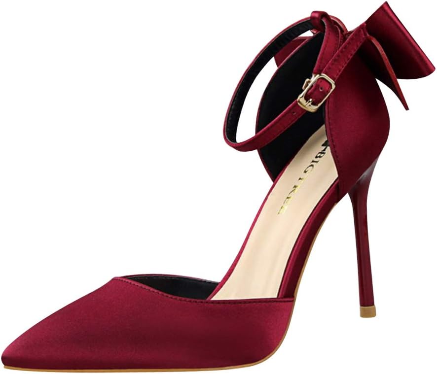 uirend Women Shoes Heeled Sandals - Ladies Sweet Bow Stiletto Sandal Beauty Shallow Mouth High Heels Shoes Fashion Pointed Toe Satin Shoes