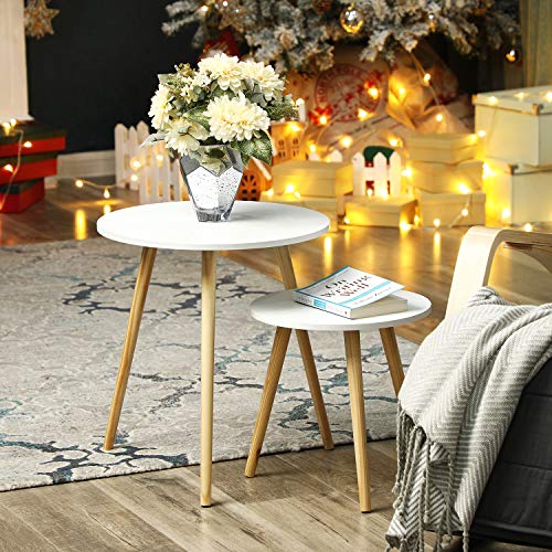 SONGMICS Round Coffee Table, Modern Minimalist Table, Set of 2 Coffee Tables with Pine Wood Legs, Scandinavian Style, for Living Room, Balcony, White and Natural LET07WN