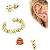 KRFY 4Pcs Flat Back Earrings, Ear Cuff S925 Sterling Silver, Screw Back Stud Earrings for Women, Dainty Cartilage Earring Helix Conch Tragus Piercing Jewelry, 16K Gold Plated, Blue/Tanzanite/Orange CZ