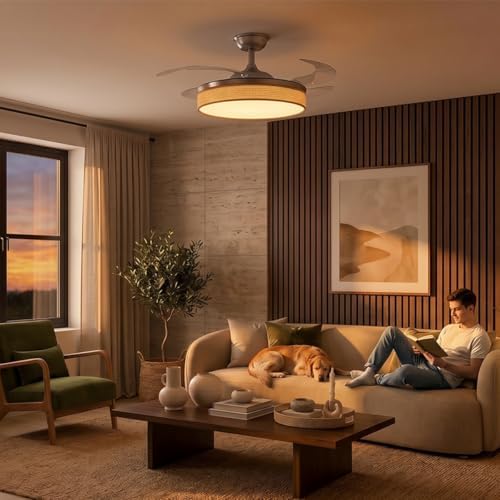 EnergySilence Aero 4222 Ventilador de Teto Têxtil Invisível com Luz e 3 lâminas retráteis. 30W, motor DC, diâmetro 42", 3 tons LED, botão, 6 velocidades, temporizador, design em tecido