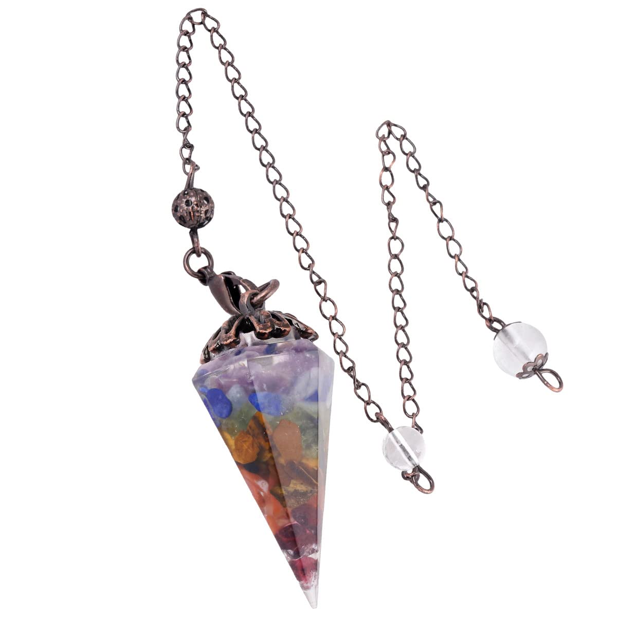 Nupuyai 7 Chakra Vintage Crystal Point Dowsing Pendulum for Divination Scrying, Healing Faceted Hexagonal Resin Chip Stone Pendulum with Chain