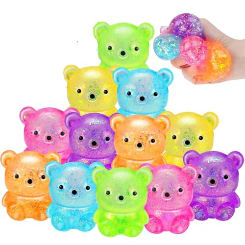 Beauenty 12 Pack Bear Squishy Toys, Glitter Colorful Sensory Stress Toy for Anxiety Relief, Fidget Toys for Kids Adult, Squeeze Balls Bulk, Party Favors Goodie Bags Stuffer for Kids (random color)