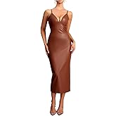 winkbay Women's Deep V Neck Leather Dress Sleeveless Tie Backless Split Hem Party Club Midi Dresses