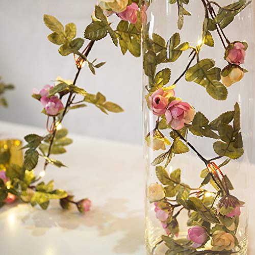 Hecaty 2 Strands Artificial Rose Garland Silk Flowers Hanging Rose Vine with 16ft Led String for Wedding Home Party Event Wreath Decor (Pink&Champagne) - Thumbnail 4