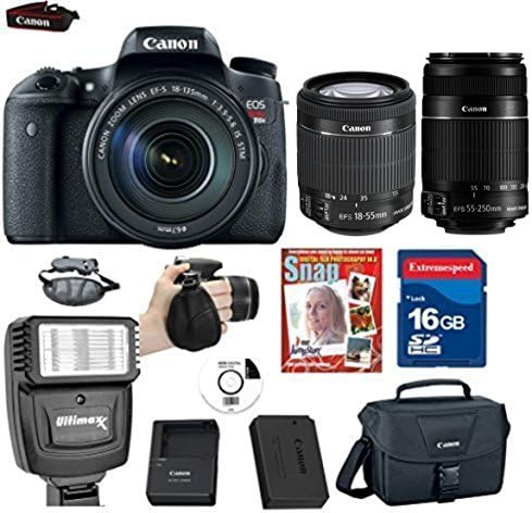 Canon EOS Rebel T6s DSLR + Canon 18-55 IS (Image Stabilizer) STM + Canon EF-S 55-250mm f/4.0-5.6 IS (Image Stabilizer) + Extra Battery + 16 piece bundle - International Version