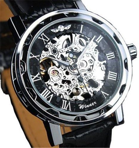 Mens Watches Top Brand Luxury Black Leather Strap Stainless Steel Skeleton Dial Automatic Mechanical Wrist Watch Win025