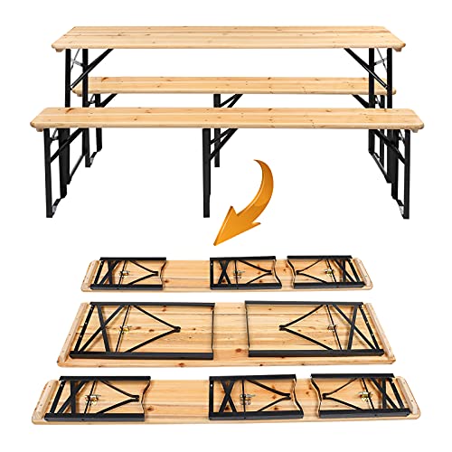 VINGLI Folding Picnic Tables with Benches Set, WeatherResistant Wooden Beer Garden Table Bench