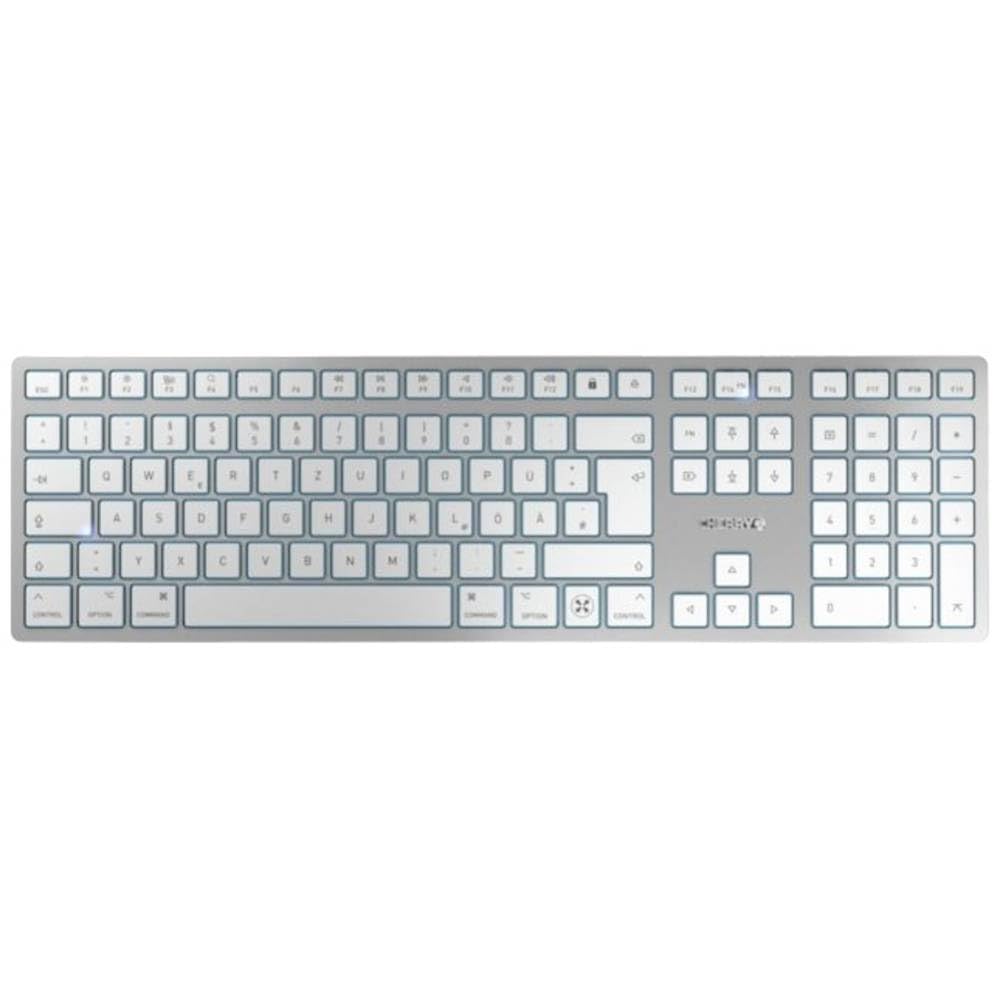CHERRY KW 9100 SLIM FOR MAC, Wireless Mac Keyboard, German Layout (QWERTZ), Bluetooth or 2.4 GHz RF, Flat Keys, Rechargeable, Silver/White