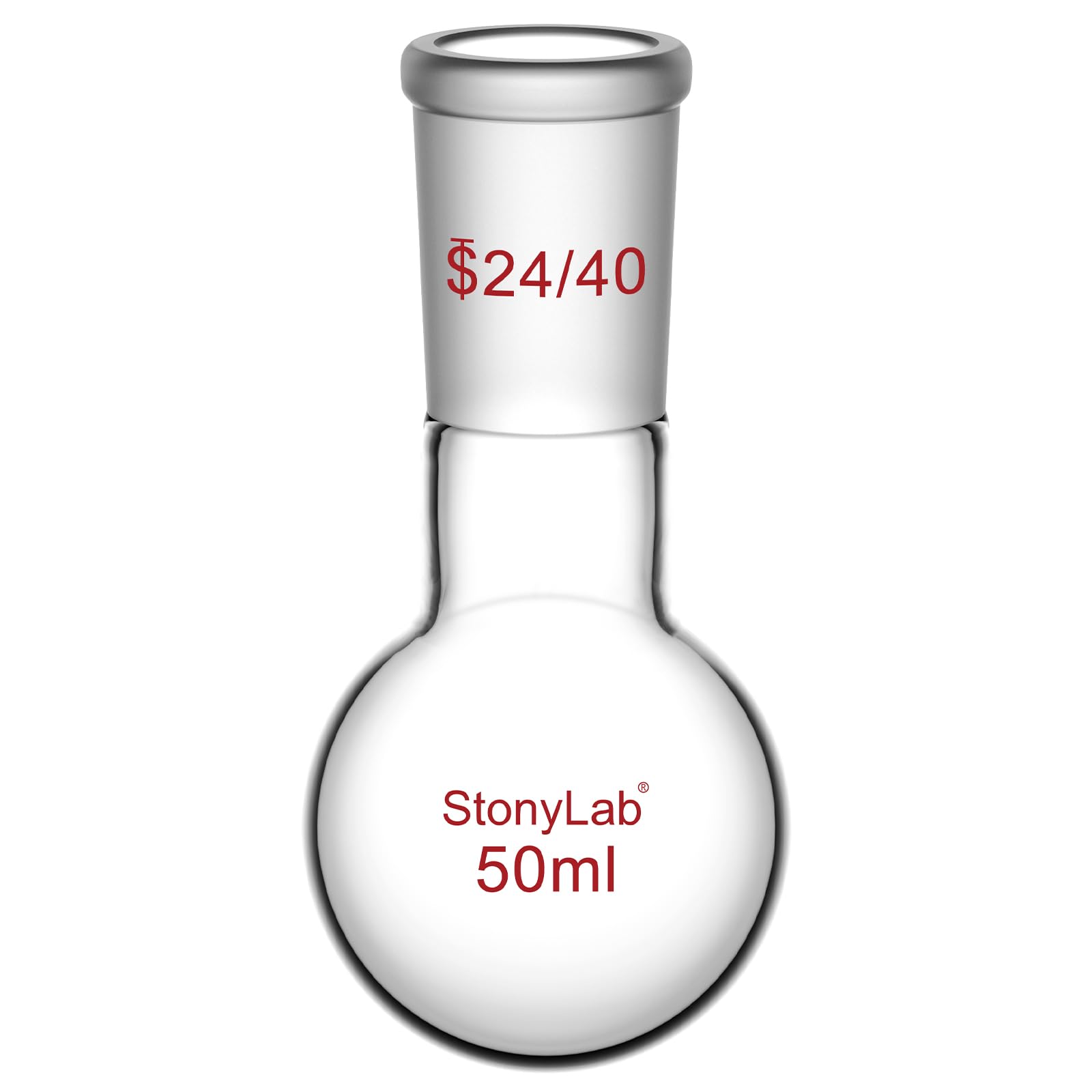 StonyLab Glass 50ml Heavy Wall Single Neck Round Bottom Flask RBF, with 24/40 Standard Taper Outer Joint – 50ml