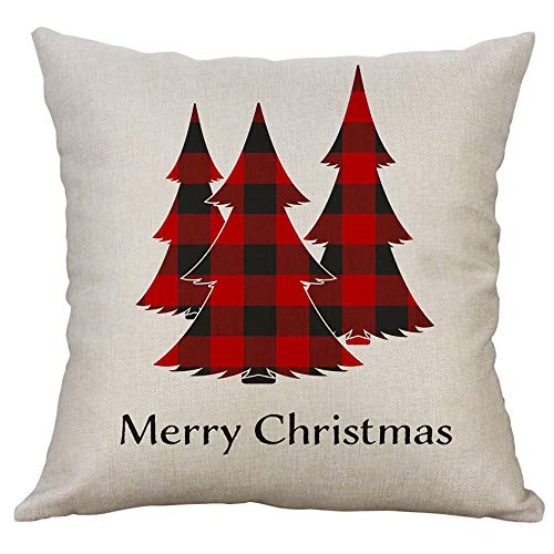 Winsummer Set of 4 Christmas Pillow Covers Buffalo Plaid Snowflakes Merry Christmas Decorative Throw Pillow Cases Cushion Cover 18 x 18 Inch Cotton Linen Autumn Pillow Cases