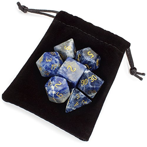 Wiz Dice Set of 7 Handmade Stone 16mm Polyhedral Dice with Velvet Pouch (Sodalite) - Thumbnail 2
