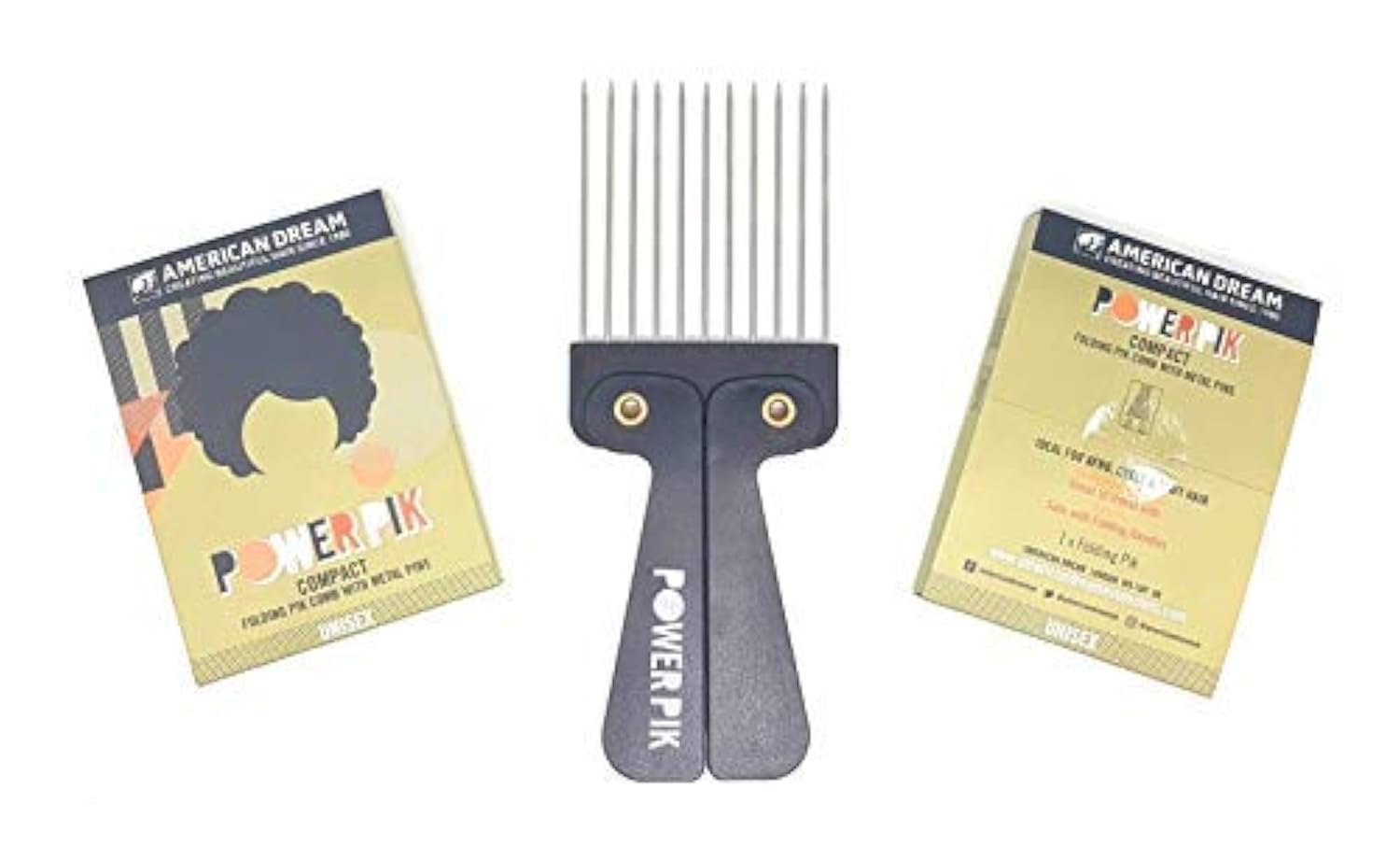 American Dream Ultimate Compact Folding Pik Comb with Metal Pins - Ideal for Afro, Curly & Wavy Hair Types