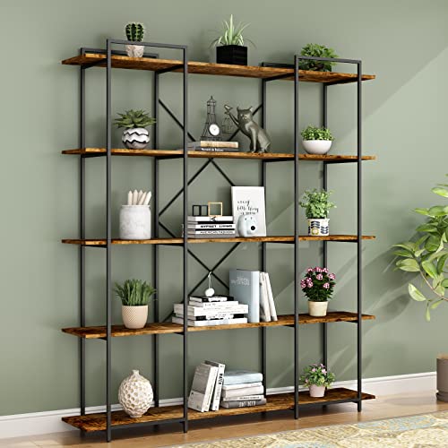 Auromie Triple Wide 5 Tier Bookshelf, 70.8’’ H x 63’’ W Rustic Etagere