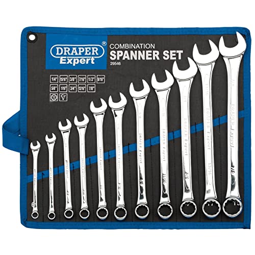 Draper Expert HI-TORQ® 1/4 to 7/8 Combination Spanner Set | 11 Piece Chrome Vanadium Steel Hand Tools | Imperial Manual Plated Tools | 29546