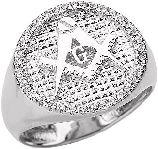 Solid 10k White Gold Masonic Men's Diamond Ring(Size 10.5)