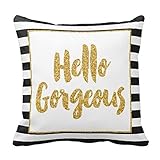 Hello Gorgeous Black and White Gold Glitter Stripes Throw Pillow Cover For Living Room, Sofa, Etc