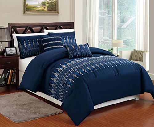 High Quality Brushed Microfiber 5-pc Navy Blue Comforter Bedding Set with White & Blue Embroidery Design, King / Cali King Size