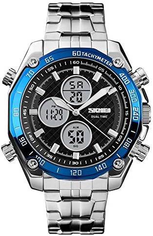 FeiWen Fashion Mens Stainless Steel Digital Watch LED Analog Dual Time Sport Military Casual Quartz Electronic Wrist Watches for Men Multifunction 12H/24H Alarm Calendar Backlight Stopwatch