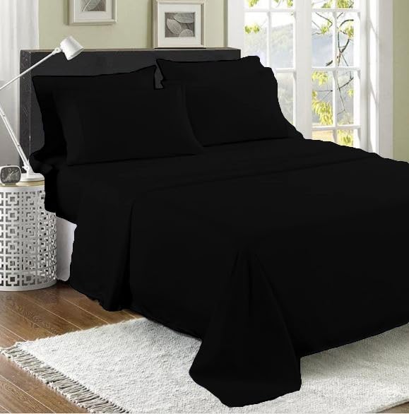 100% Egyptian Cotton Flat Sheet, 200 Thread Count Ultra-Soft Long Staple Bed Sheet, Luxury Hotel Quality Bedding, Shrinkage & Fade Resistant Top Sheet- Easy Care (Super King, Black)
