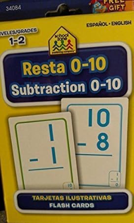 School Zone Bilingual Spanish English Subtraction (Resta) Facts 0-10 Flash Cards Grades 1-2