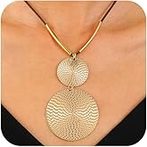 Boho Gold Textured Double Round Disc Pendant Choker Necklace for Women Trendy, Statement Silver Tube Long Rope Necklaces Y2K Prom Party Jewelry Gifts