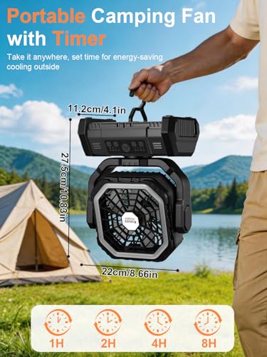 Kssvzz Camping Fan with 10000mAh Battery, Portable Quiet, with LED Light, 270° Rotation, Hook/USB Charging, Tent Fan for Camping, Power Outage, Fishing