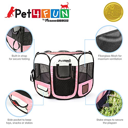 PicassoTiles PET4FUN PN935/PN945 Portable Pet Puppy Dog Cat Playpen Crates Kennel w/Water Resistant 600D Oxford, 210D Nylon, Carrying Bag, Collapsible Bowl, Removable Mesh Cover 2 Sizes