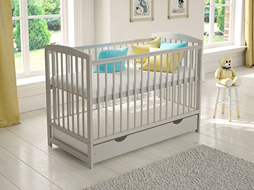 White Wooden Baby Cot With Drawer 120x60cm Foam Mattress