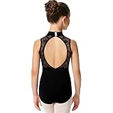 Tegmk Girls Turtleneck Dance Leotard for Ballet, Lace Neckline, Full Front Lining, Hollow Back