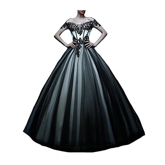 Kivary-Off-Shoulder-White-and-Black-Tulle-Gothic-Lace-Vintage-Prom-Dresses-Wedding-Gowns-US-16W