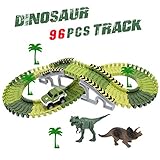 Track Toys Race Car Tracks with 96 Pieces Flexible Tracks Set 2 Dinosaurs and Military Vehicles 4 Trees&2 Slopes for children's Gift