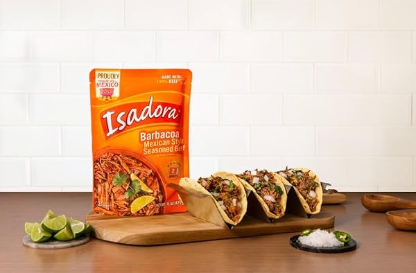 ISADORA FULLY COOKED BARBACOA MEXICAN STYLE MEAT 15 OZ, READY-TO-EAT MEAL, SEASONED SHREDDED BEEF, INSTANT MEAL, SHELF STABLE MEAT