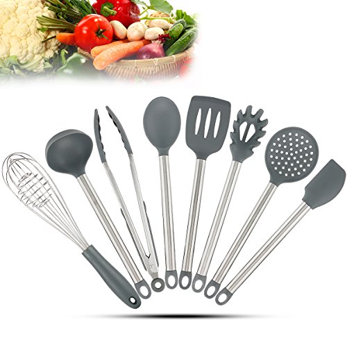 Vasdoo Silicone Kitchen Utensil Set,8 Pieces Cooking Utensil Set, Nonstick Kitchen Tools and Gadgets with Stainless steel Handle