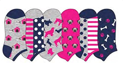 Pack of 6 Casual Low Cut No Show Unisex Socks - Cute Design Non Slip Dri Fit Casual Ankle Crew Socks - Dog houses paw bones / 7-9