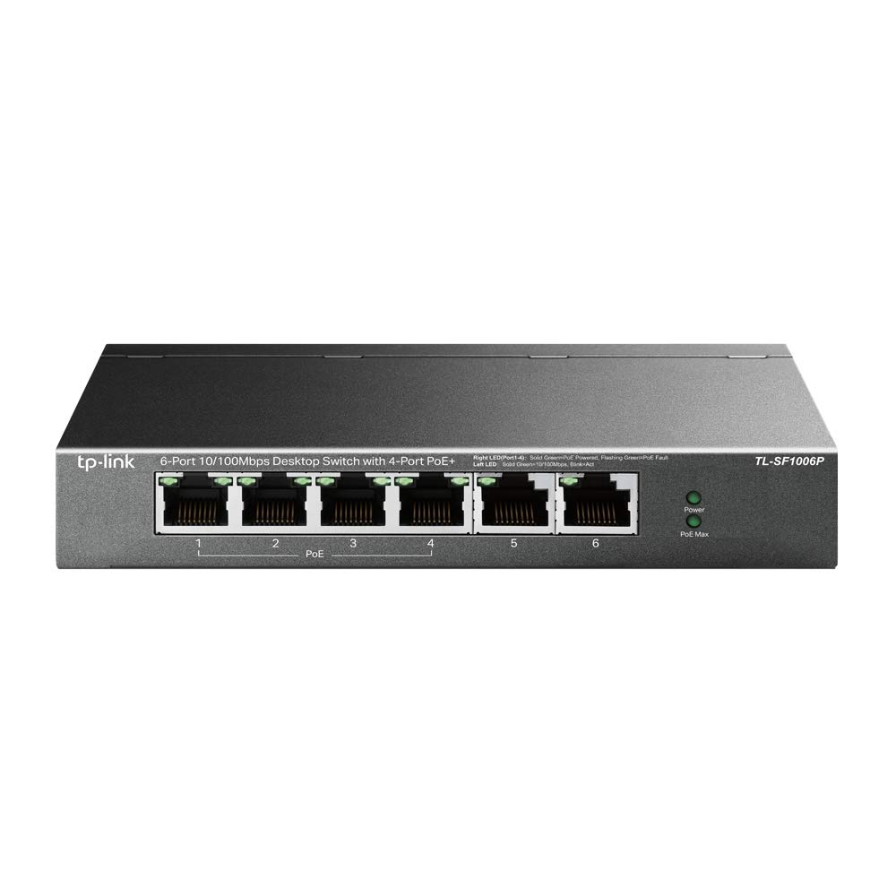TP-Link TL-SF1006P 6 Port Fast Ethernet 10/100Mbps PoE Switch, 4 PoE+ Ports at 67W Plug & Play, Sturdy Metal w/Shielded Ports Network Switch, Extend Mode and Priority Mode
