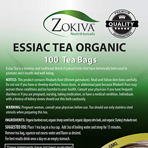 Zokiva Nutritionals - Essiac Tea Bags Organic Mega Pack - 100 Premium Quality Convenient Tea Bags - With Sheep Sorrel Root - In Resealable Stand Up Zip Lock Pouch
